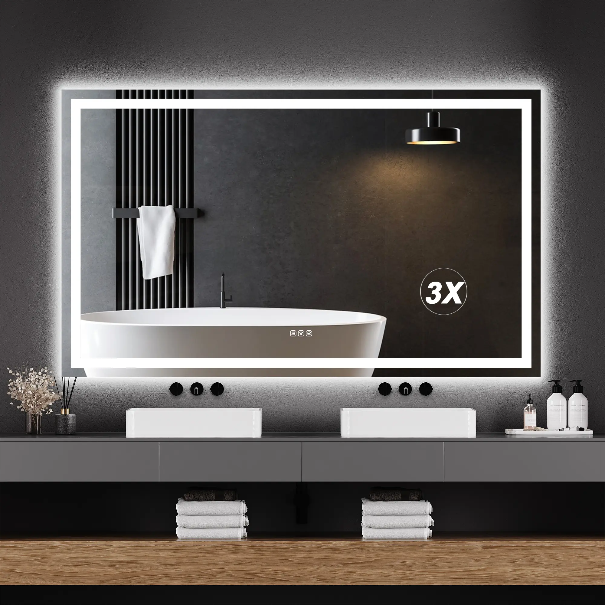 LED Bathroom Mirror 60x36 Inch - Dimmable Front and Backlit Vanity Mirror with Lights - Anti-Fog, Shatter-Proof, Memory Function - Wall Mounted, Horizontal/Vertical - Over basin, Makeup