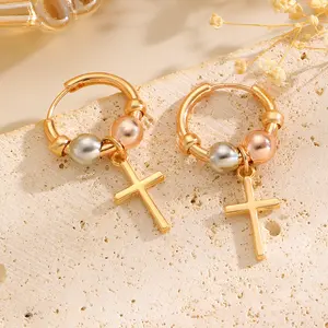 Two Tone Beaded Cross Hoop Earrings For Women, Retro Hip Hop Dangle Cross Drop Earrings, Fashion Statement Jewelry For Daily Streetwear Club Party Vacation Birthday Christmas New Year Gift For Her, Stackable Vintage Religious Accessory For Teen Girls