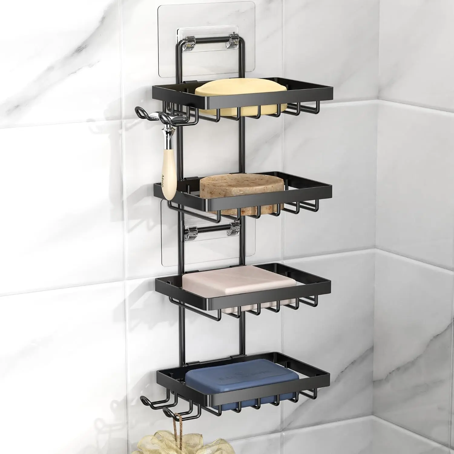 4 Tier Soap Bar Holder for Shower, No Drilling, 304 Stainless Steel, Wall Mounted Soap Holder with 4 Hooks and Razor Holder, Shower Rack Soap Tray Bar Soap for Bathroom Accessories OrganizerGift