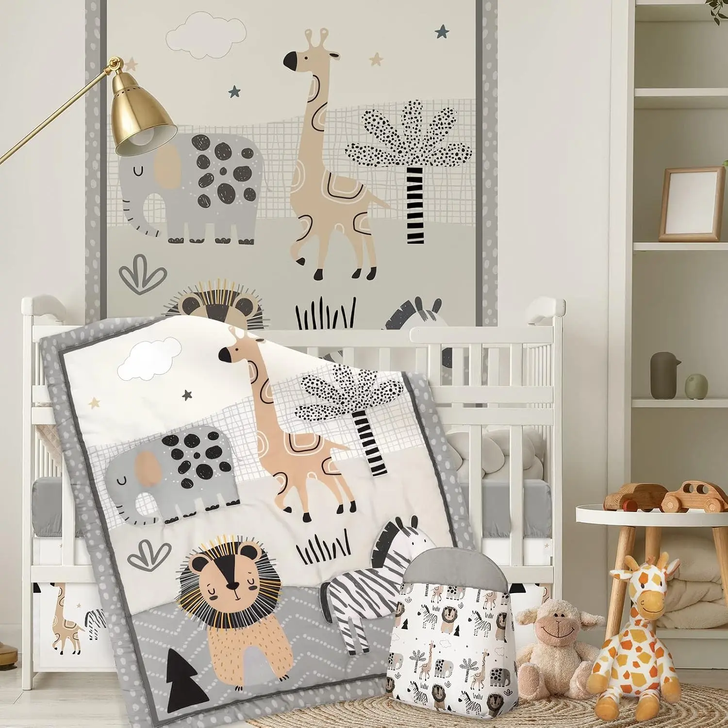 4 Piece Woodland Forest Animals Crib Bedding Set, Including Jungle Safari Crib Skirt, Blanket, Nursery Bed Sheet and Diaper Stacker, Soft Neutral Nursery Standard Size Baby Bedding for Baby Girls Boys