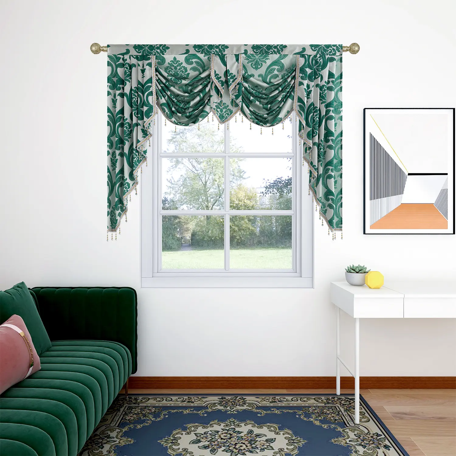 Double Waterfall Jacquard Damask Swag Curtain Valance, Luxury Satin Floral Window Scarf with Pearl Beaded Tassels, European Anti-Shrink Durable Machine-Washable Decorative Window Treatment for Bedroom, Living Room
