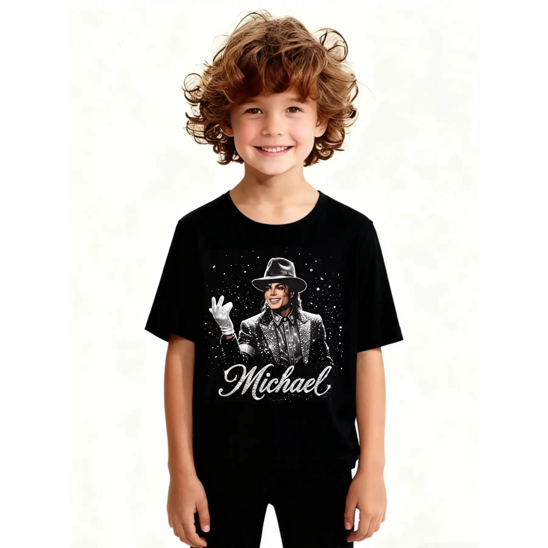 Kids Michael Jackson Classic Hat White Glove Graphic Tee, King of Pop Diamond Script Cotton Compression Shirt, Boys Girls Soft Summer Workout Tops MJ Fan Birthday Christmas Gift