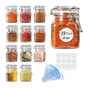 12 Pack 4 Oz Glass Spice Jars with Airtight Hinged Lids, Includes 12 Labels and Silicone Funnels, Small Jars for Spices, Art, and Craft Storage