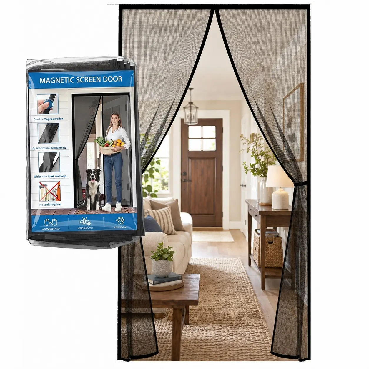 Black Magnetic Mesh Screen Door, Hands-Free Auto-Close Bug Screen Curtain, Easy Setup, Breathable, Natural Airflow and Pet Friendly for Balcony, Kitchen, Patio and Home Doorway