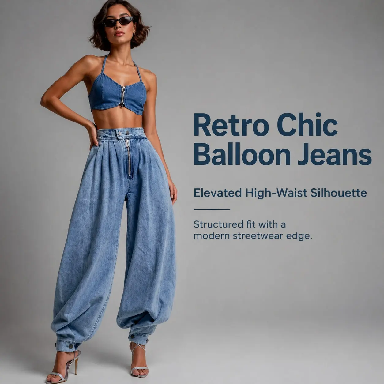 Women's High-Waist Double-Button Exposed-Zipper Pleated Balloon Denim Jeans - Button-Cuffed Hem, Baggy Wide-Leg Streetwear Bottoms with Minimalist Vibe & Premium Fabric, Adjustable, Crop, Soft, Basic, Hip