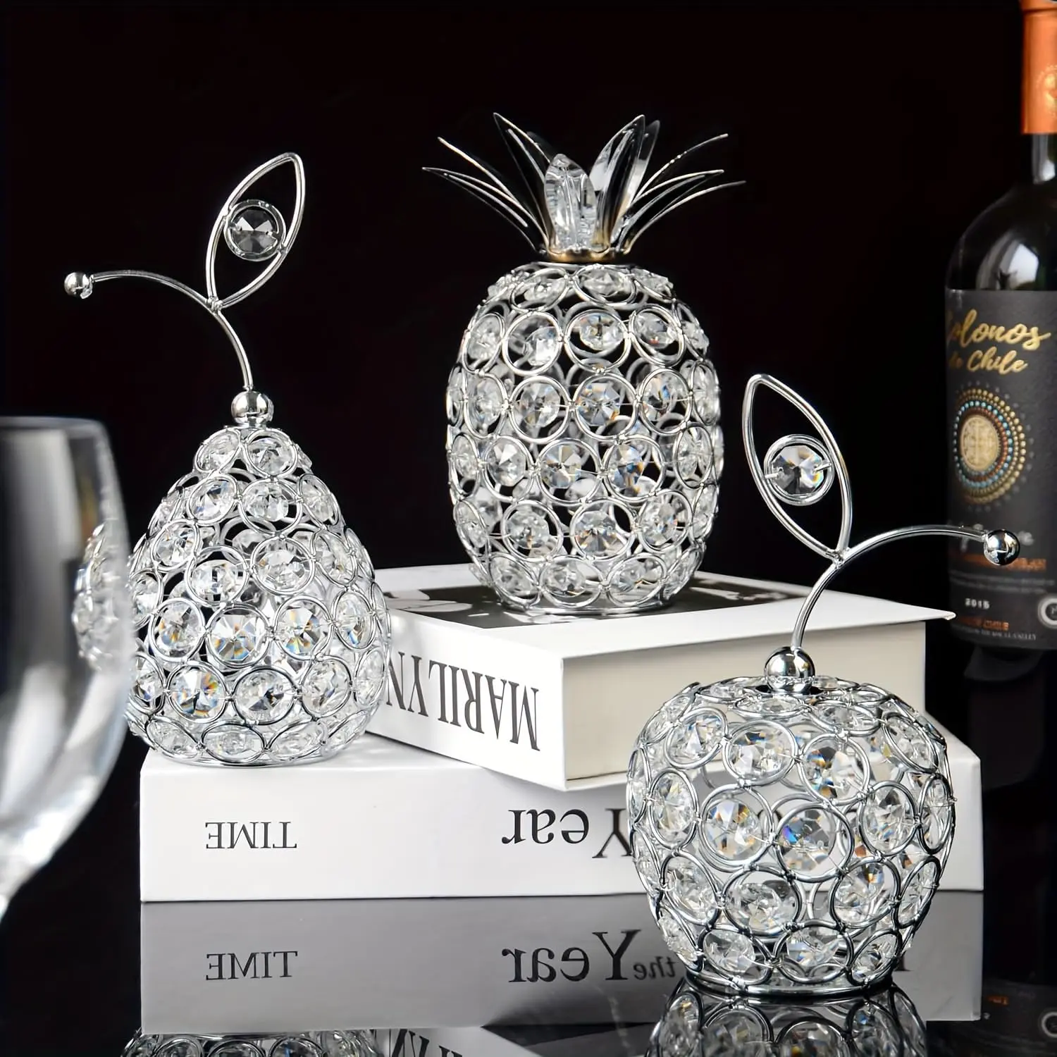 Silver 3-Piece Hollow-Out Crystal Metal Fruit Table Centerpieces - Handmade Candlestick Decor, Home Supplies for Wedding Decor, Holiday Bar Use