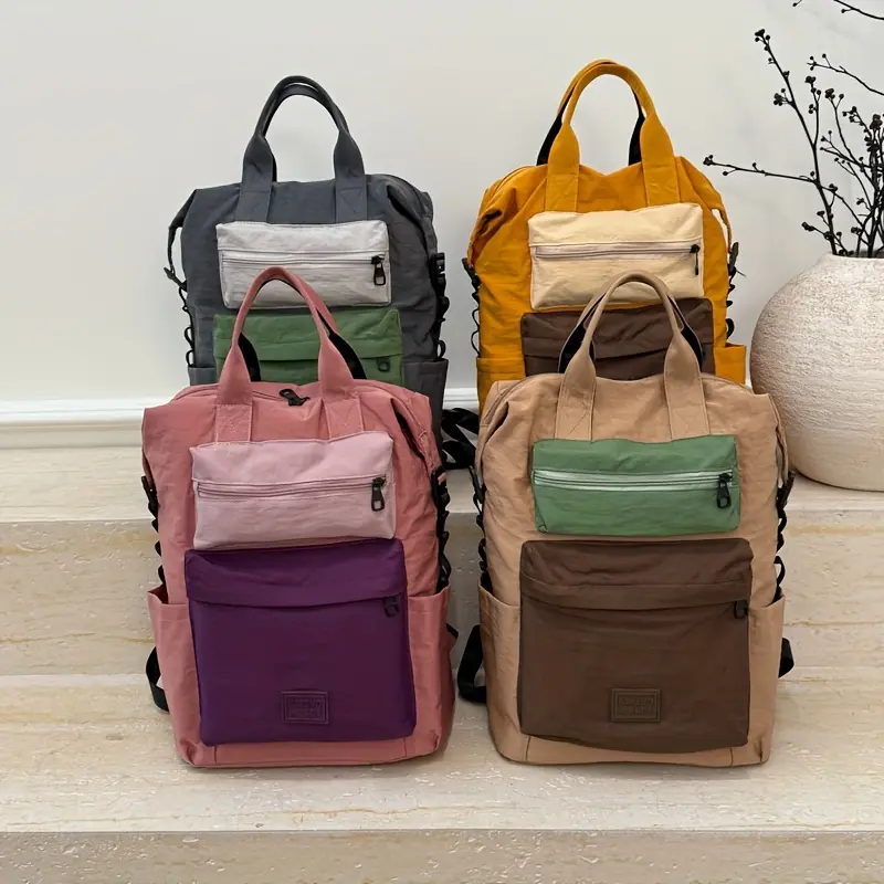 [Color Block Backpack] Women's Color Block Casual Backpack, Lightweight Nylon Daypack with Multiple Pockets, Large Capacity Laptop Backpack for Daily Commute, School, Travel & Work