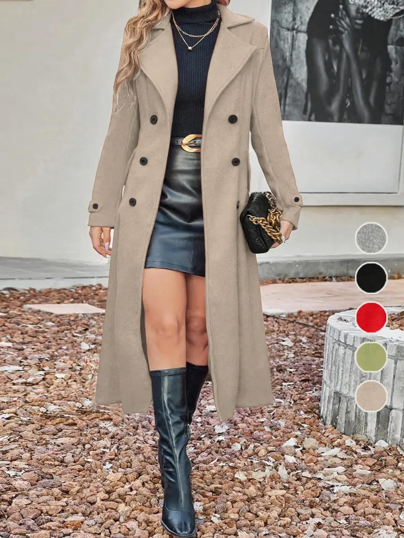 Women's Solid Double-Breasted Wool Coat, Elegant Long Coat for Autumn & Winter Wear