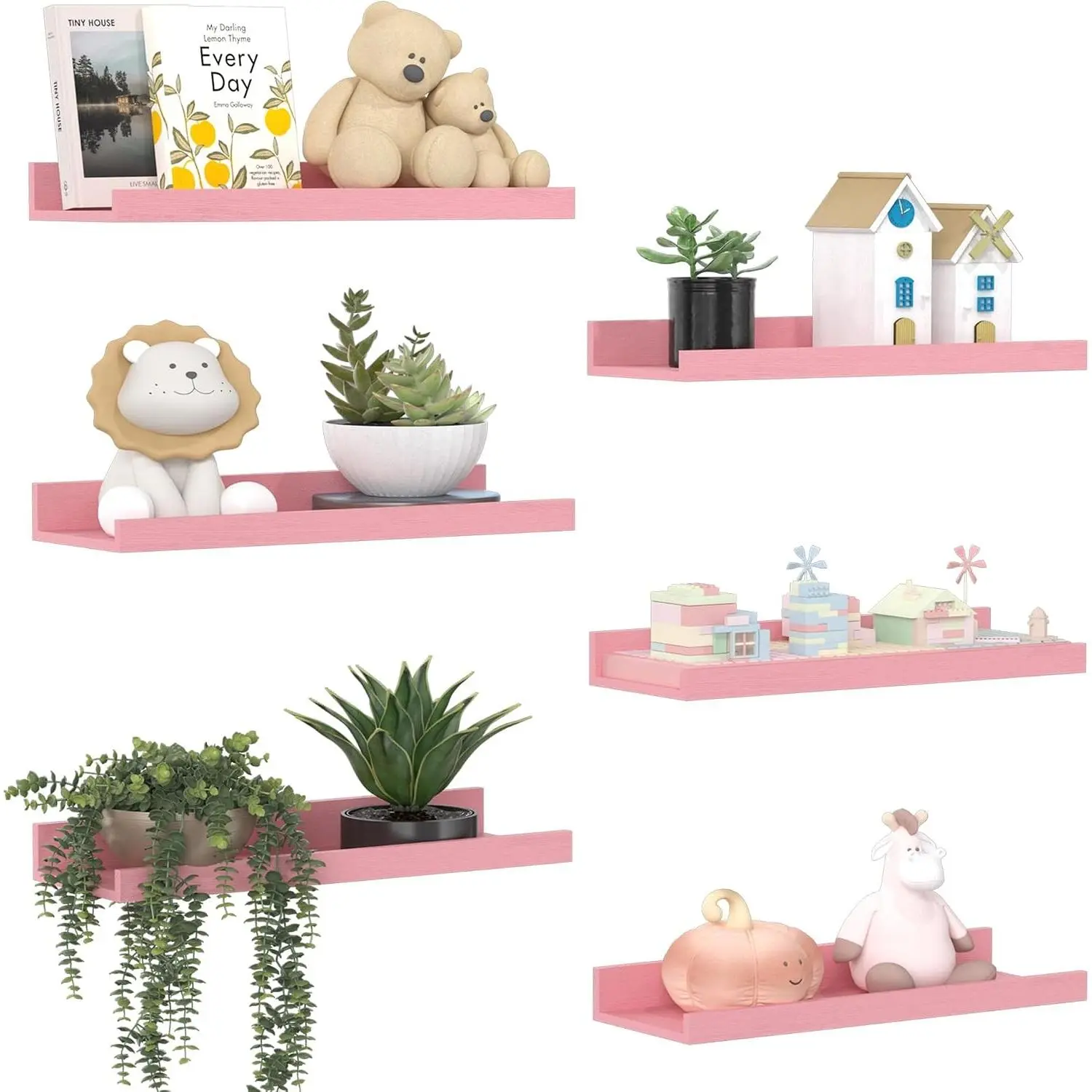 Pink Shelves for Wall, Pink Room Decor for Teen Girls, Bedroom, Living Room, Game Room, 6 Pack Wall Mounted Wood Shelves for Picture, Plants