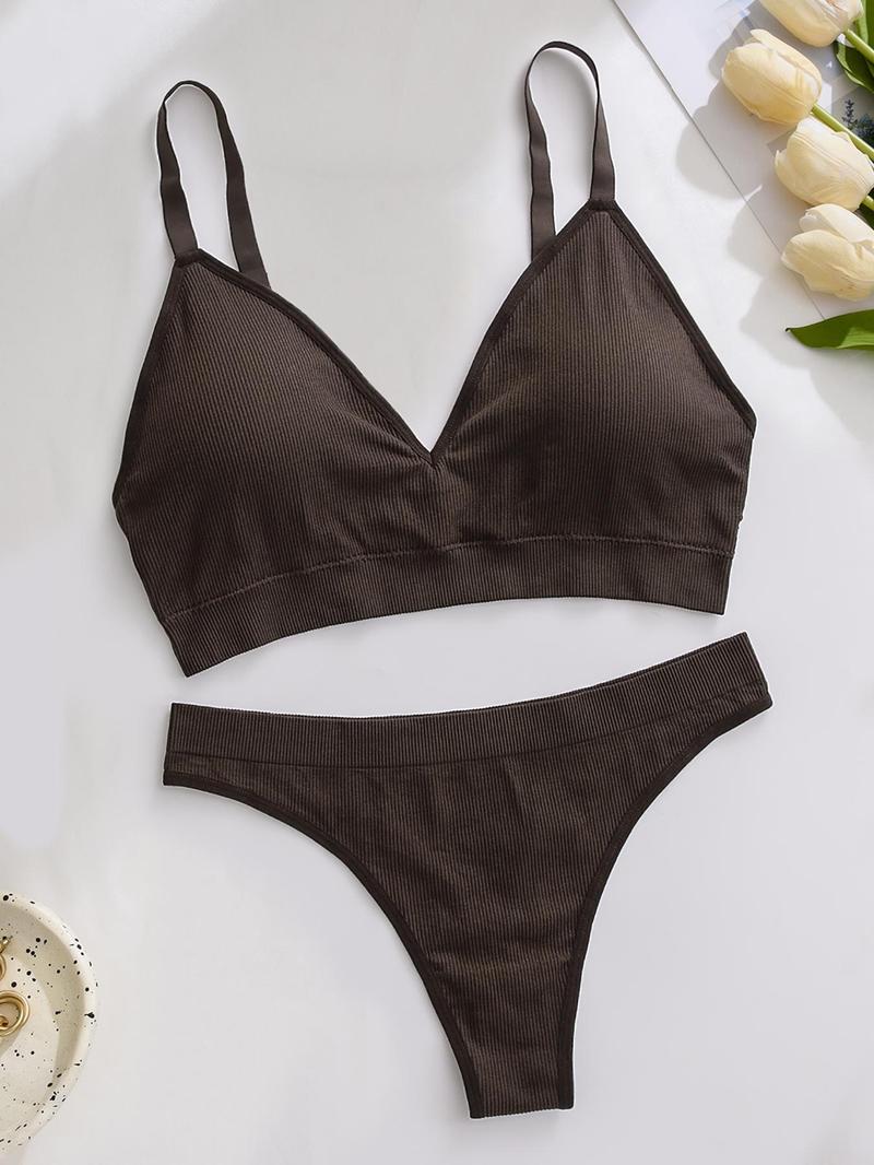 Plus Size Women's Solid Color Ribbed Underwear Set, Soft Comfy Breathable Adjustable Strap Buckleless Bra & Thong for Daily Wear, Underwear Set for Women,  Lingerie for Women