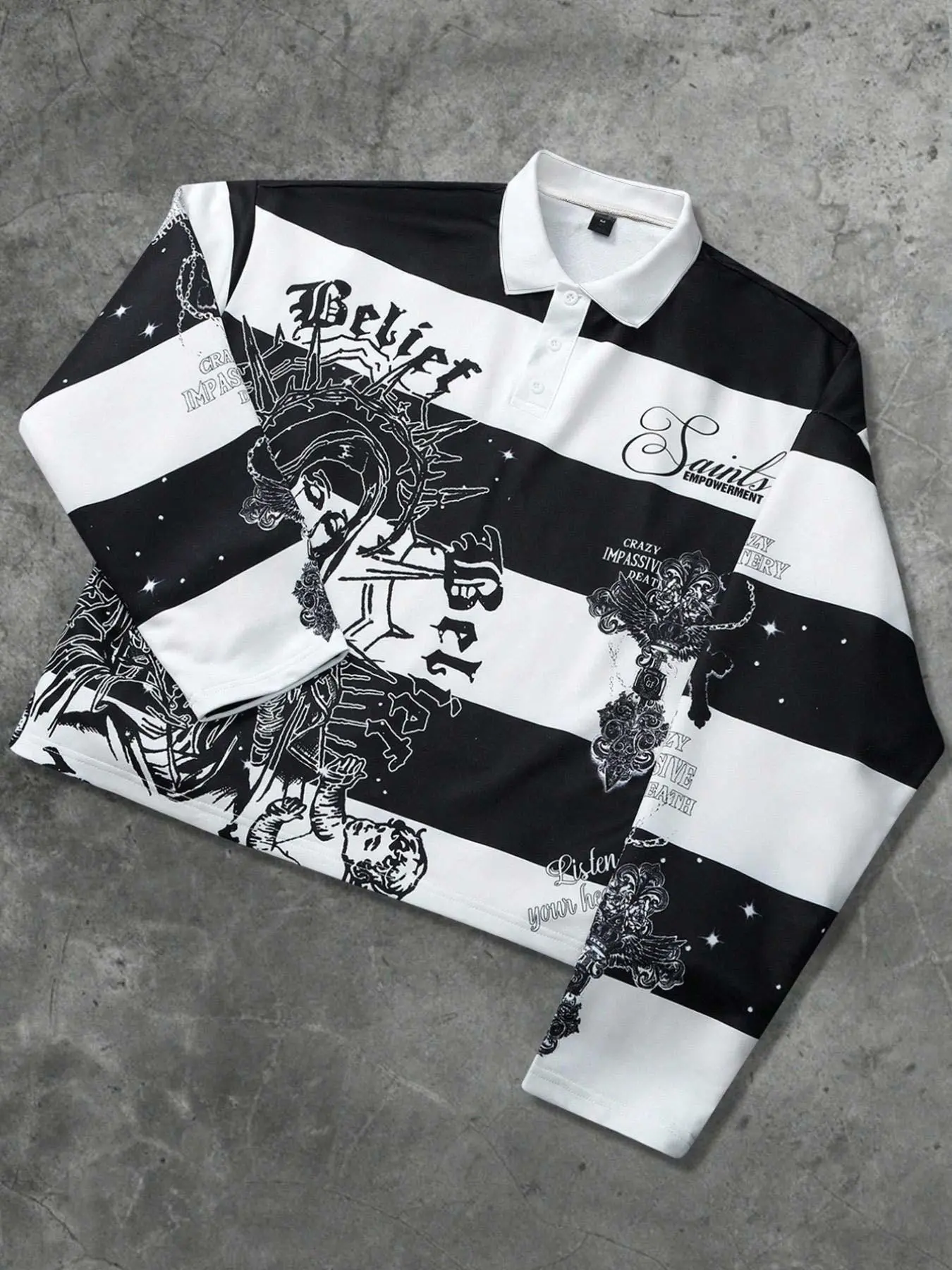 Saint saint pattern printed Polo long sleeved T-shirt short for men and women, European and American street trend striped Virgin print long sleeved shirt saint