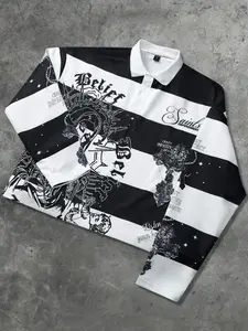 Striped polo collar long sleeved T-shirt for men, featuring the Sacred Heart of Jesus print and Virgin Mary print, with striped polo shirt collar and geometric long sleeved shirt. Unisex European and American street fashion casual wear aesthetic