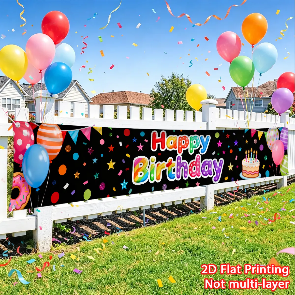1pc Colorful Cartoon Birthday Banner Fence Banner Polyester Material Suitable for Birthday Party Decoration