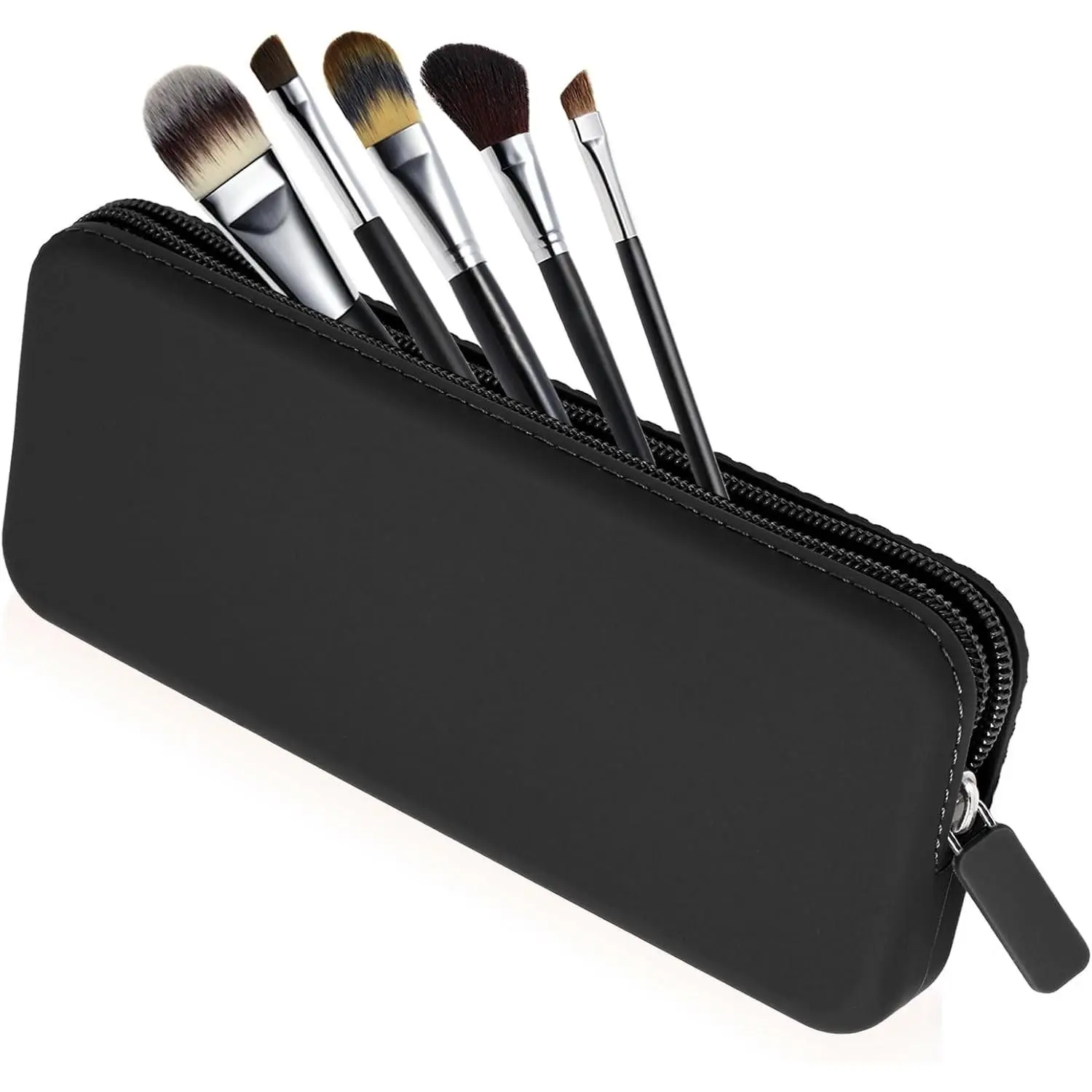 Travel Makeup Brush Holder, Silicone Makeup Brush Bag with Zipper Closure, Makeup Brushes Organizer Case Washable Makeup Pouch Holder Case for Daily, Work, Essentials（Black）