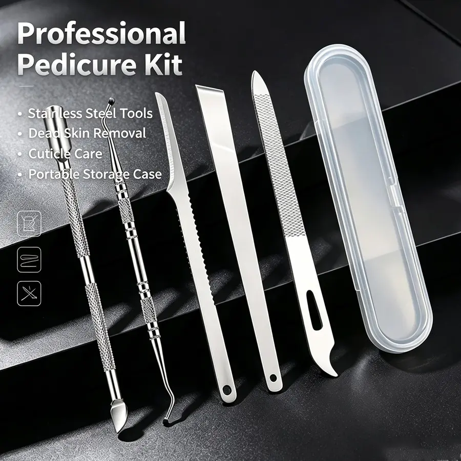 5pcs Professional Pedicure Kit, Stainless Steel Tools for Dead Skin Removal, Cuticle Care, Ingrown Toenail Treatment, Portable Case Included