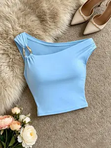Sweet Cool Style One-Shoulder Sleeveless T-Shirt, Metal Ring Buckle Design, Waist Ruched Slim Fit, Versatile Basic Top, Single Piece