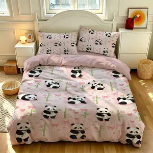 3-piece quilt cover set (1 quilt cover +2 pillowcases, no core) Multi-posture soft cute panda green bamboo powder white flower love pattern B & B hotel bedroom dormitory bedding quilt cover Printed Bedding Set Soft Bedding Sets