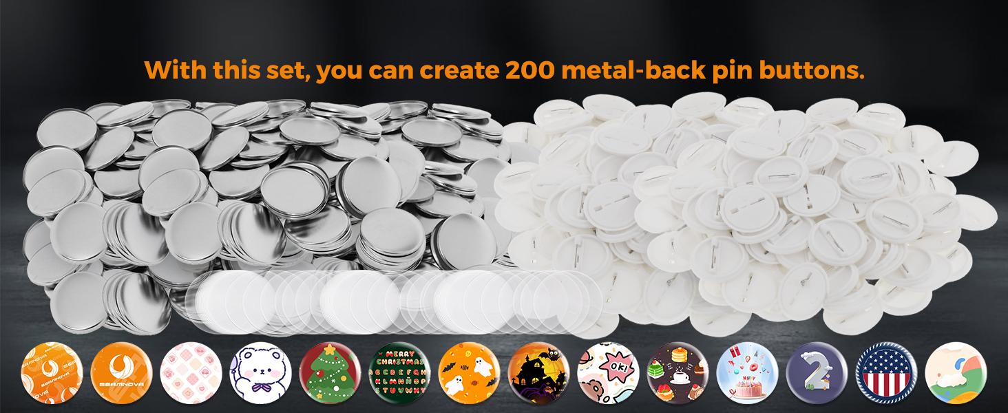 200 Sets of Button Parts Supplies 75mm 2.95 in (Approx. 3 inch) for Button Maker Machine Round Pin Maker, Every Set Includes Tinplate Top, Clip Bottom & Film