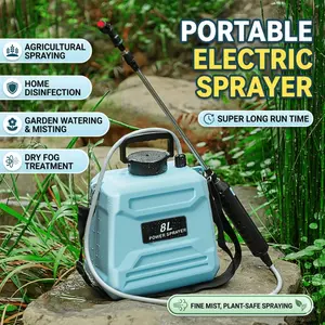 1.35-gallon/5-liter and 2.11-gallon/8-liter battery-powered sprayers with USB charging handles, portable garden sprayers, 25.9-inch telescopic pole, 3 spray nozzles, and an adjustable shoulder strap.