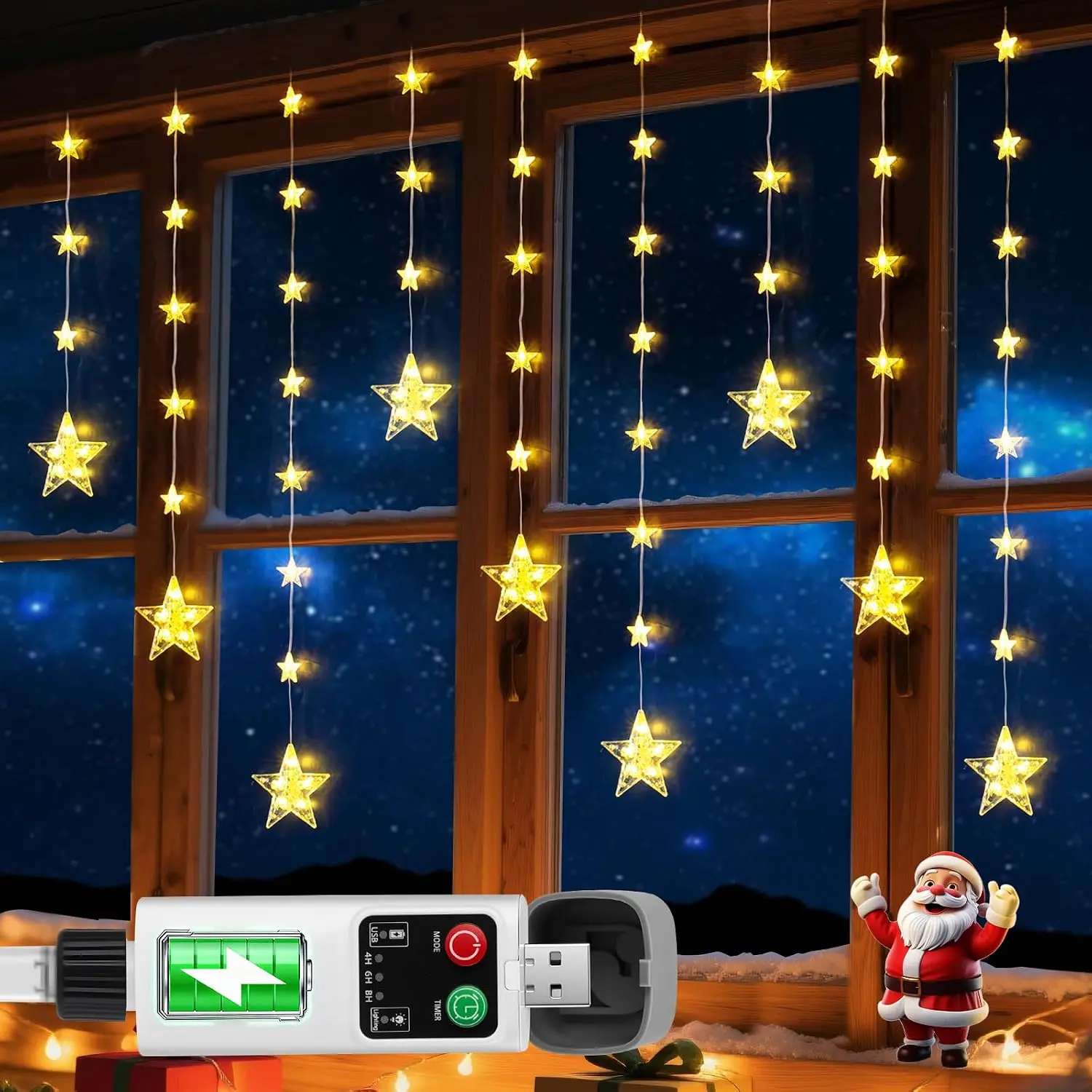 Rechargeable Stars Christmas Window Lights, IP65  90 LEDs 54 Stars  Curtain Lights with 3 Timer Modes, Warm White Christmas  Decoration for Indoor Outdoor Xmas  Party Decor