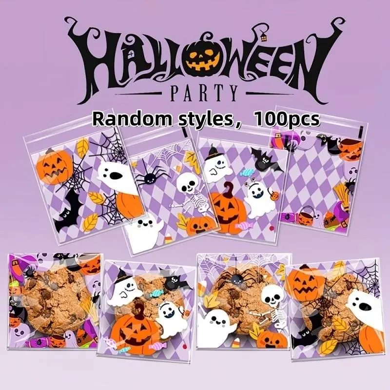 100 Pack New Cartoon Pumpkin Ghost Halloween Cookies Candy Wrapper, Party Gift Self-Seal Bags, Snowflake Sweets Packaging