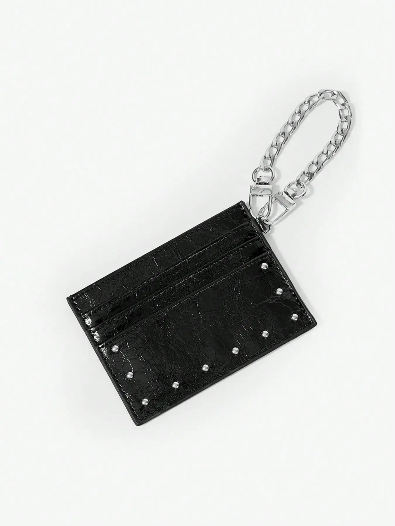 Punk Style Silver Color Rivet Cracked Leather Fashionable Card Holder, Detachable Metal Chain Ultra Thin Mini Card Clip, Portable ID Wallet Coin Pouch