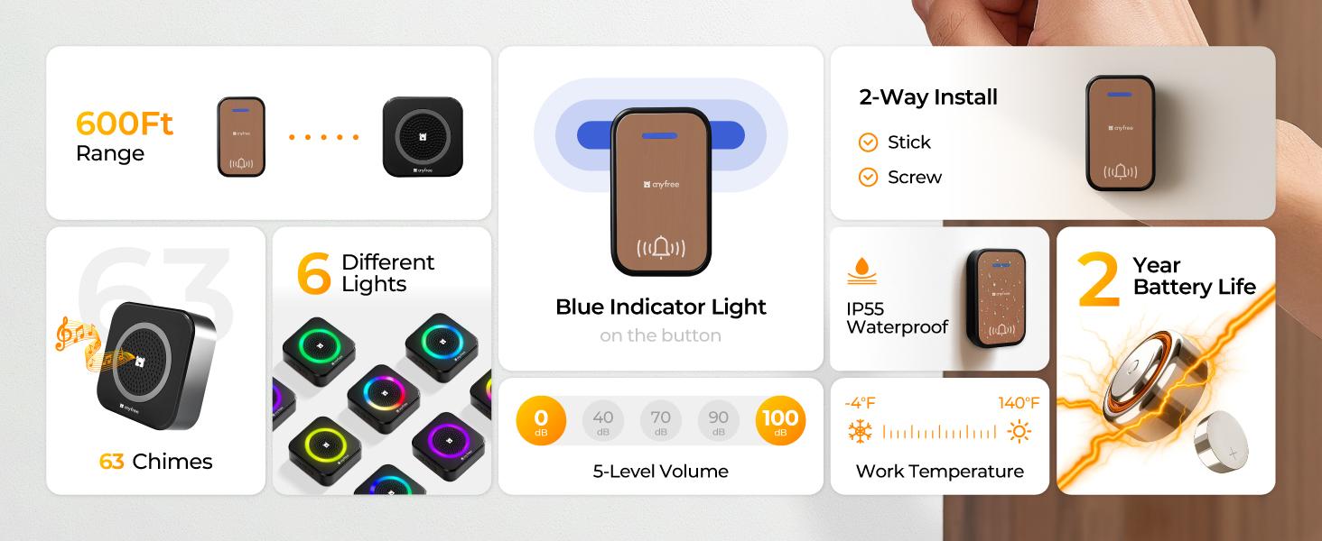 Doorbell, Waterproof Door Bell with 600ft, 63 Chimes, 5 Volume Modes from Infant Sleep to Elderly Assistance (1*Doorbell & 2*Chime) Doorbell, Waterproof Door Bell with 600ft, 63 Chimes, 5 Volume Modes from Infant Sleep to Elderly Assistance (1*Doorbell & 2*Chime)