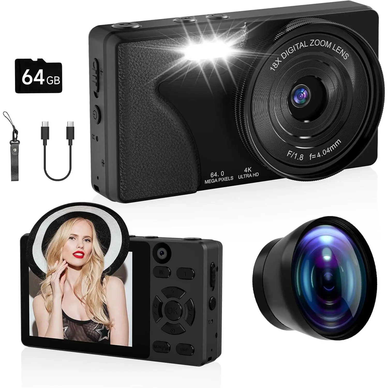 64MP 4K Vlogging Camera, 64GB  Autofocus Digital Camera with  Cam, Wide Lens, 2000mAh  and 18X Digital Zoom - Ideal for YouTube, , Travel, Beginners Video Recording Creation