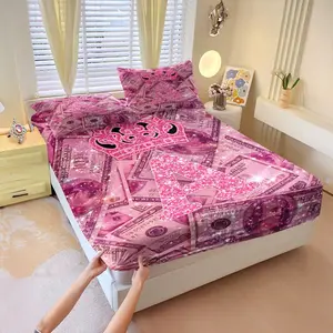 3Pcs Pink Rhinestone A-Z Printed Fitted Sheet Set, Girly Crown and Banknote Bedding Set (Includes 1 Fitted Sheet + 2 Pillowcases, Without Pillow Core), Fully Wrapped, Non-Slip, Easy to Care for, Suitable for Girls' Bedrooms, Dormitories, Apartment Decor.