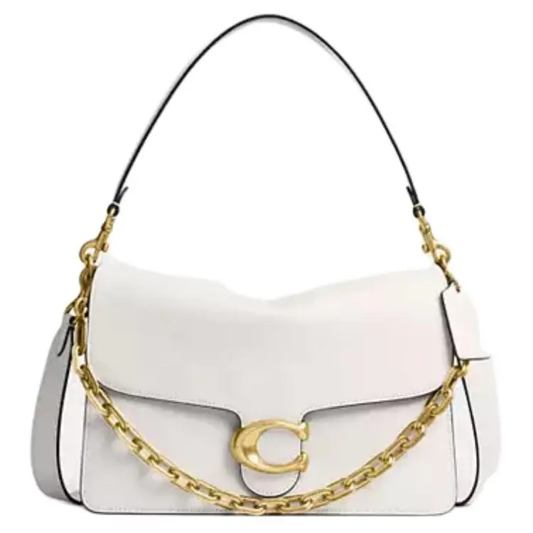 COACH ChainTabby 30 Leather Shoulder Handbag for Women, Gold Hardware, Large Size, White