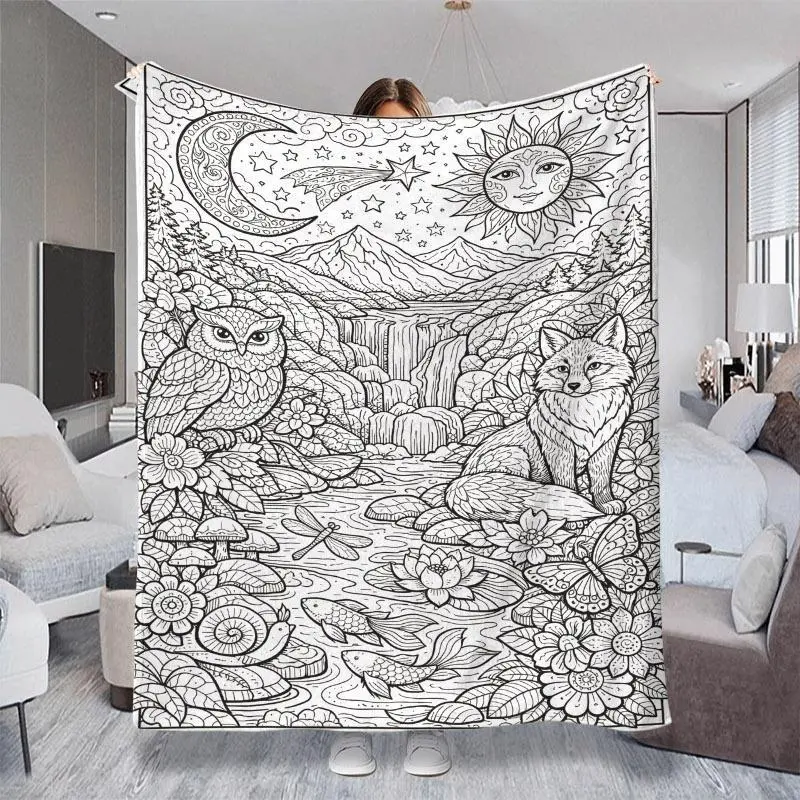 2D Flat Print (Non-3D) Whimsical Black & White Line Art Nature Throw Blanket, With Crescent Moon, Owl, Fox, Mountains & River Pattern, Multiple Specifications Available in Vibrant Colors, Soft Cozy Cover for Couch, Office Napping & Daily Relaxing