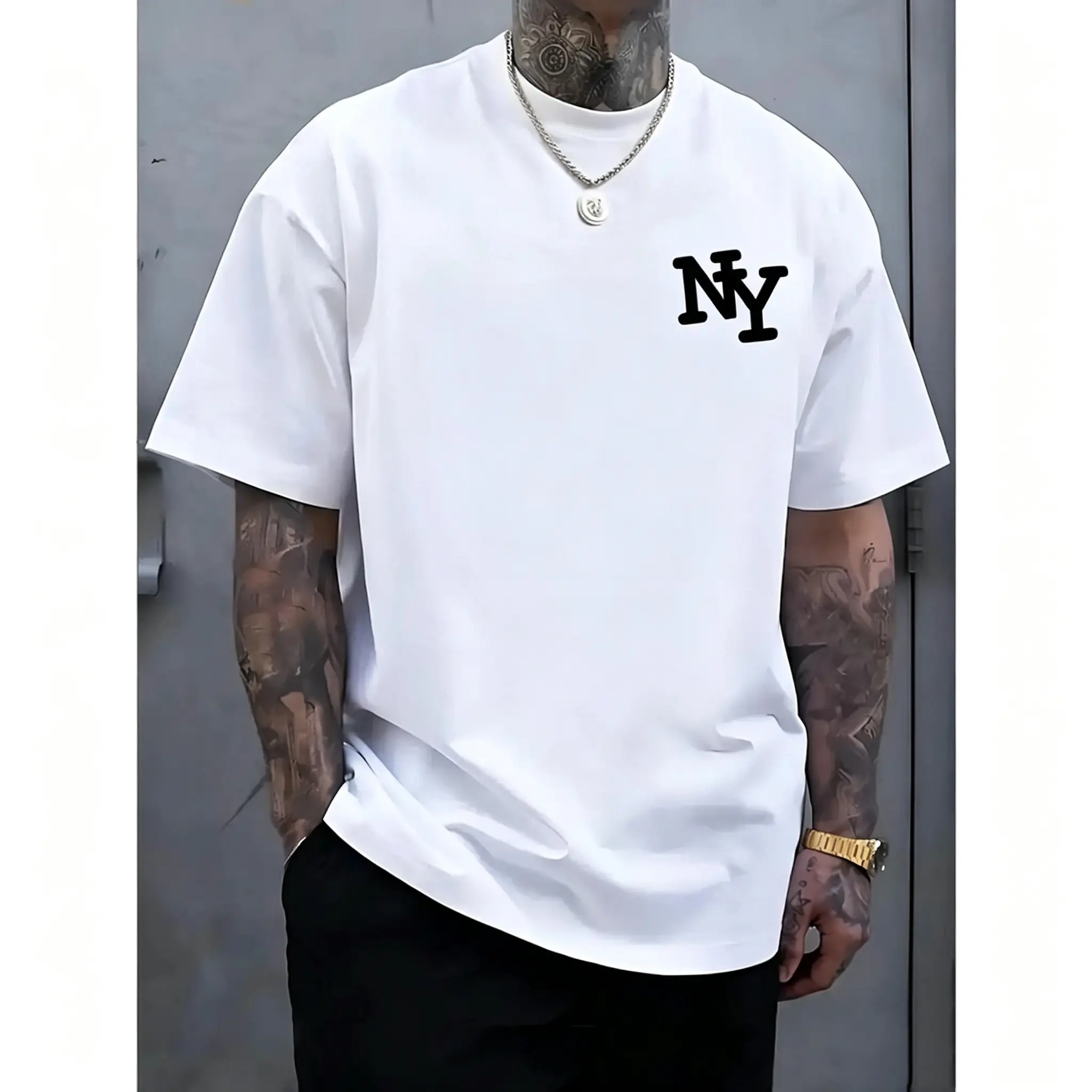 Men's NY Initial Print Black T-Shirt Casual Streetwear Tee