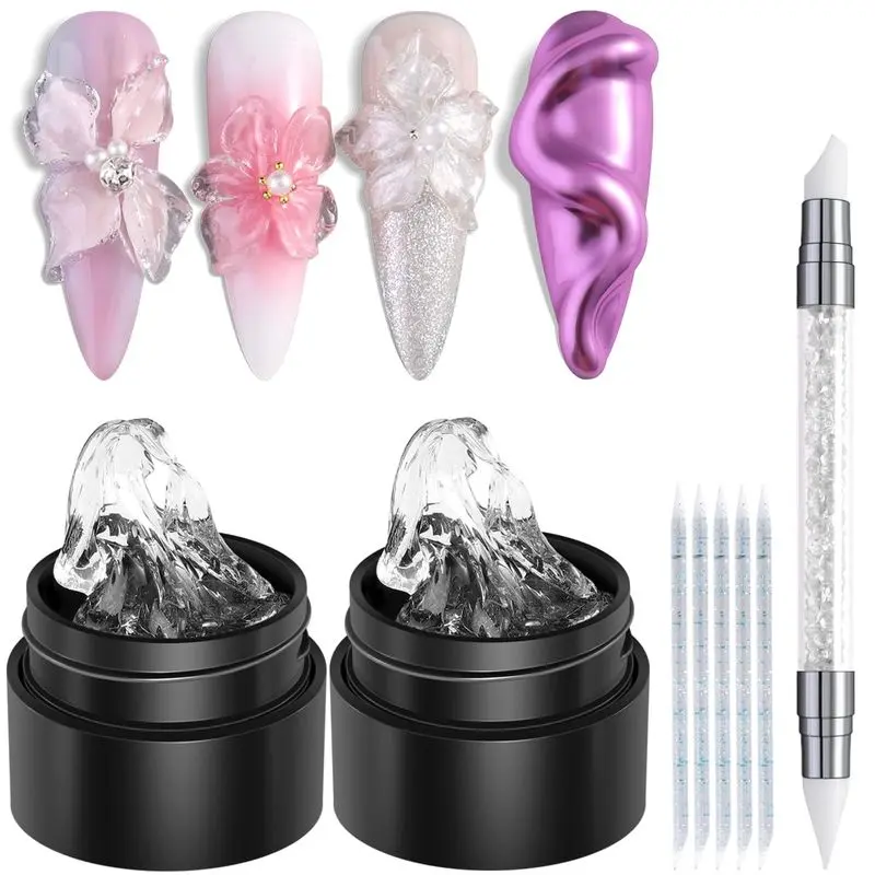 2PCS Clear 3D Sculpting Gel Kit with Silicone Carving Pen, Non-Sticky Nail Modeling Gel for 3D Flowers, Nail Art Design, DIY Manicure & Salon Use,Toning
