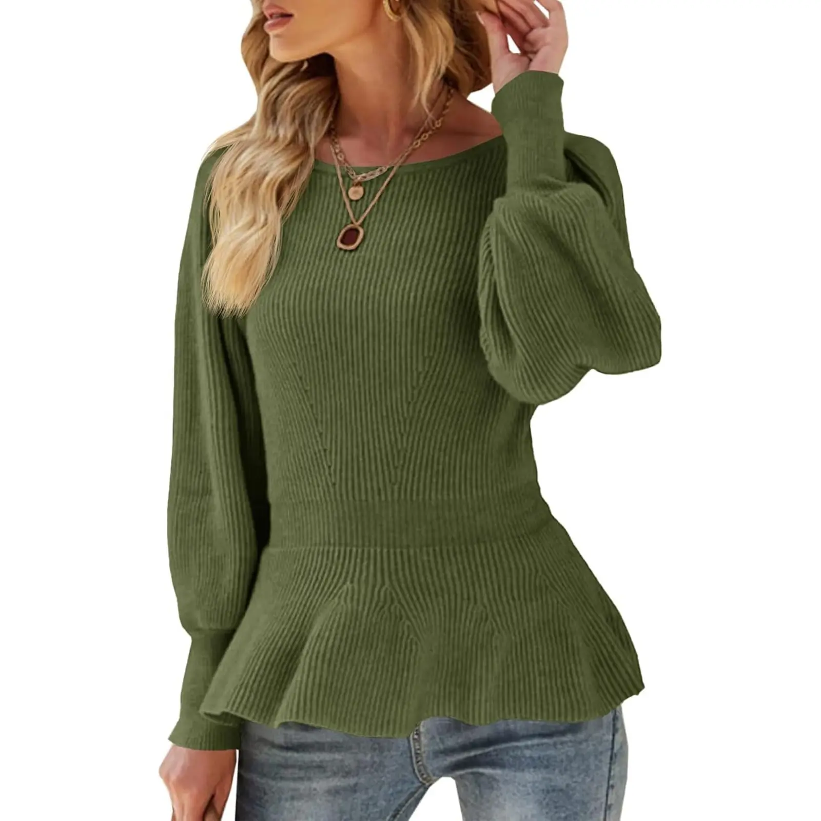 Saodimallsu Womens Fall Puff Sleeve Peplum Casual Slim Fit Knit Pullover Sweater Jumper Tops
