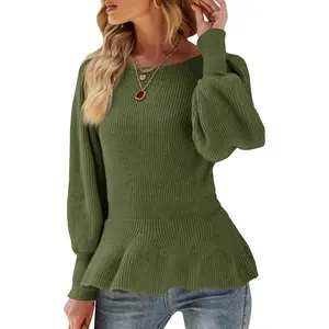 Saodimallsu Womens Fall Puff Sleeve Peplum Casual Slim Fit Knit Pullover Sweater Jumper Tops