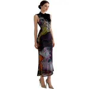 Cheongsam Dress Mesh Floral Dresses Mandarin Collared Qipao Sleeveless Prom Party Wedding Guest Dresses