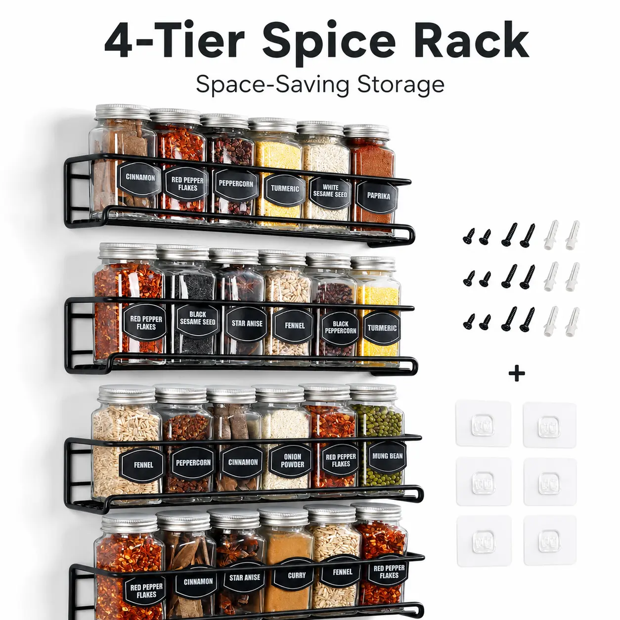 4-Tier Wall-Mounted Spice Rack Organizer for Kitchen Seasonings, Screw or Adhesive Hanging Storage for Pantry, Cabinet Door, or Wall, 2.5 x 2.5 x 11.5 in