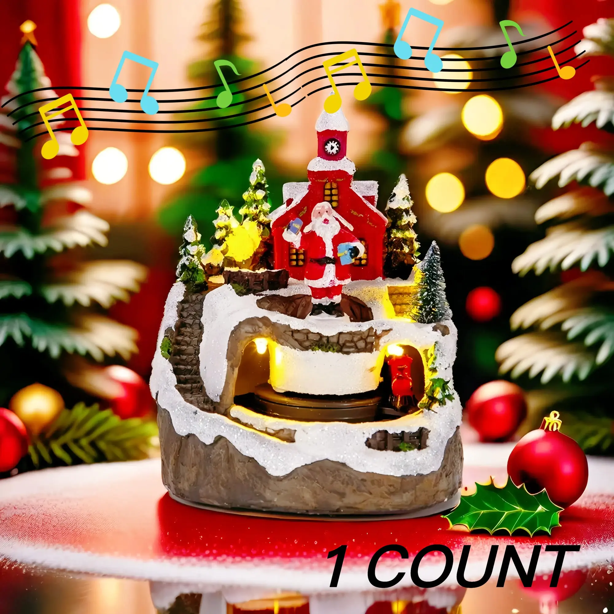 Christmas Halloween Lighted Musical House Figurine, USB & Battery Operated(Battery Not Included), Rotating Train Santa Resin Decor, LED Warm Light Christmas Music Box, Home Tabletop Ornament, Holiday Gift for Xmas Halloween Indoor Decoration