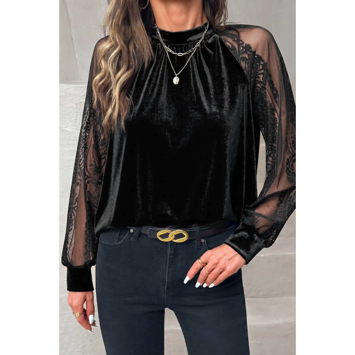 Color Black Solid Color Sheer Lace Long Sleeve Patchwork Stand Neck Velvet Blouse