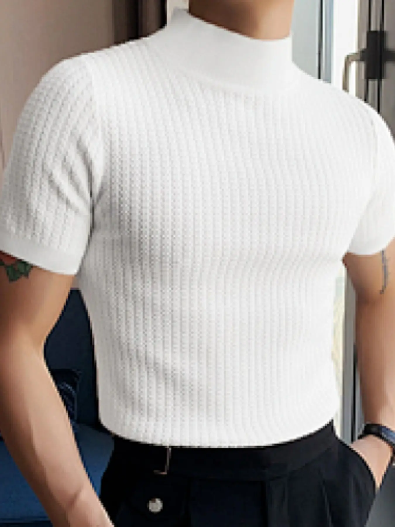 2026 Summer New Arrival Casual Simple Knitted Top, European and American Men's High Neck Ripple Solid Color T-Shirt, Fashionable Outerwear