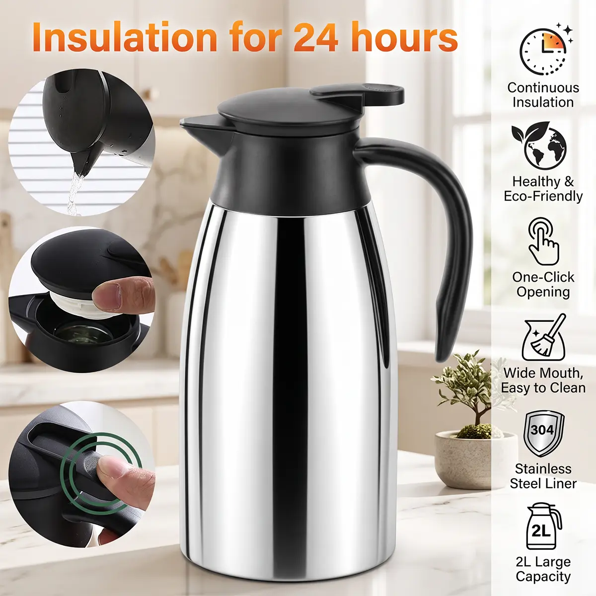 Stainless Steel Thermal Coffee Carafe, 68 Oz (2 L) Vacuum Insulated Beverage Dispenser for Keeping Hot (Silver)