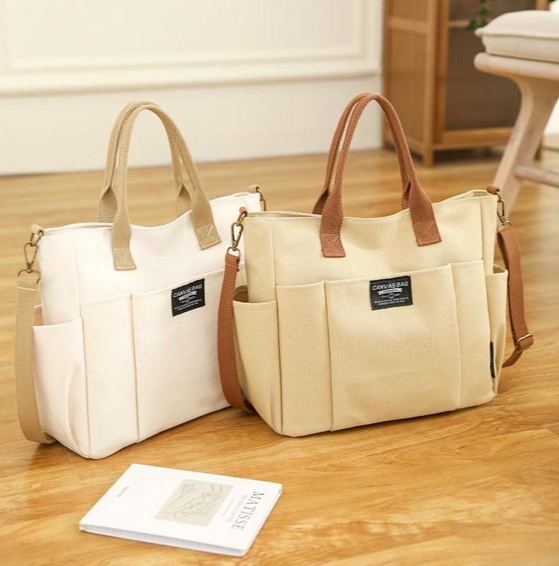 2026 Trendy Preppy College Canvas Tote - Solid Color Multi-Pocket | Secure Zipper Large Capacity | Convertible Shoulder/Crossbody | Fall Outfits & Thoughtful Gift Must-Have