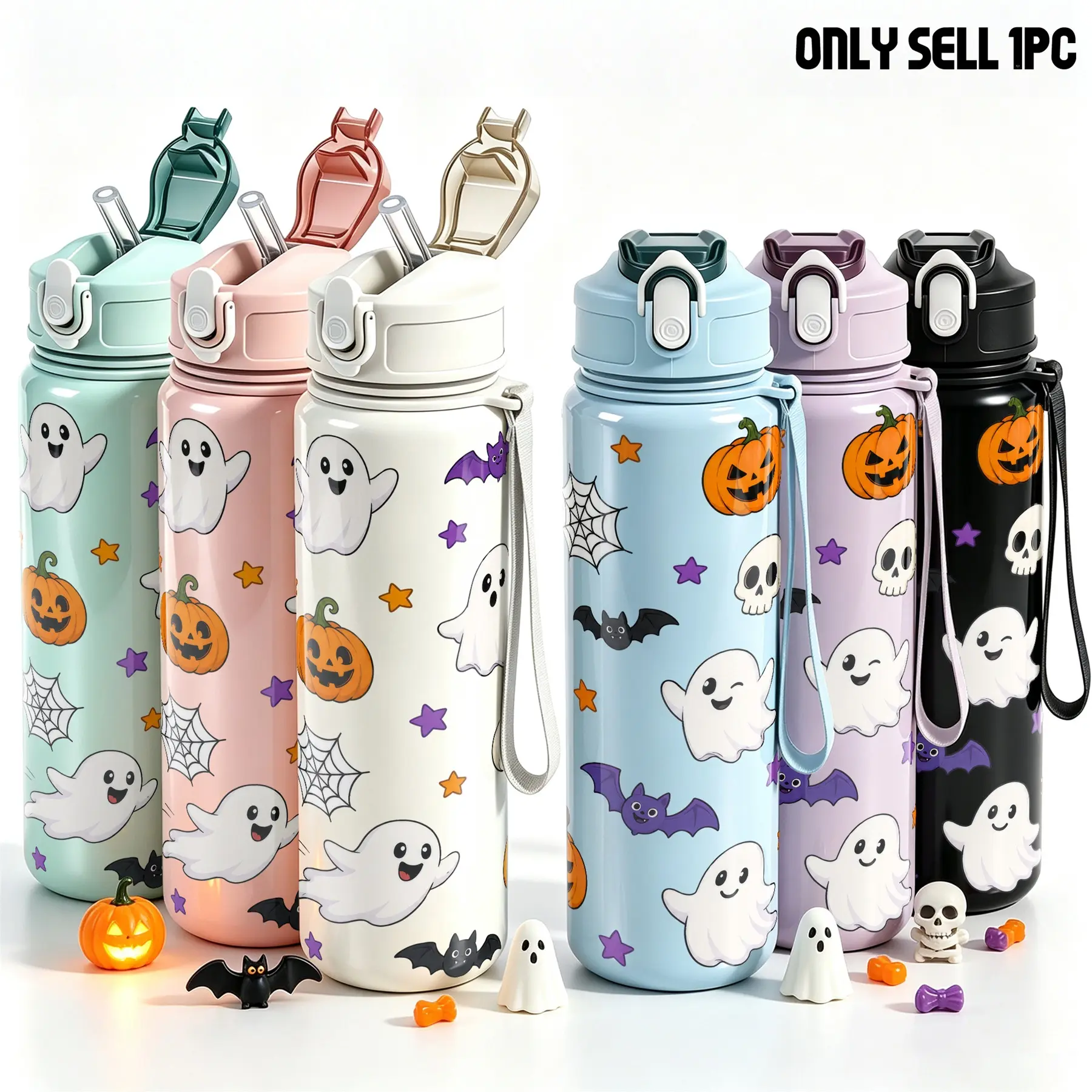 1pc 25oz Cute Halloween Reusable Water Bottle With Straw, Pumpkin Ghost Bat Spider Web Skull Print Portable Sports Water Bottle, Halloween Hydration Bottle for Gym Hiking Travel, Spooky Season Gift for Teens Women Women's clothing