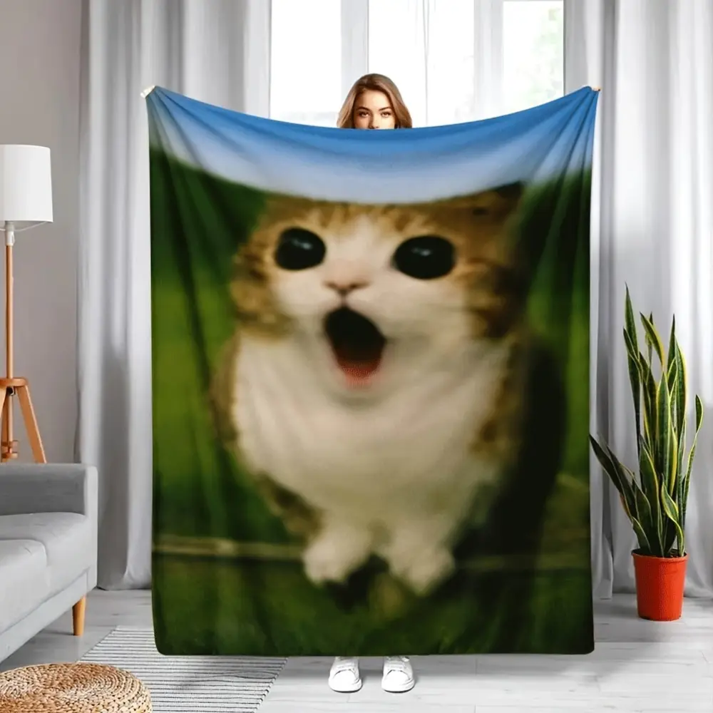 Furry Design Flannel Blanket - Surprised Cat Face, Soft Fuzzy, Hypoallergenic, Wrinkle Resistant, Lightweight, Warm, Home & Travel Use for Living Room, Office Naps