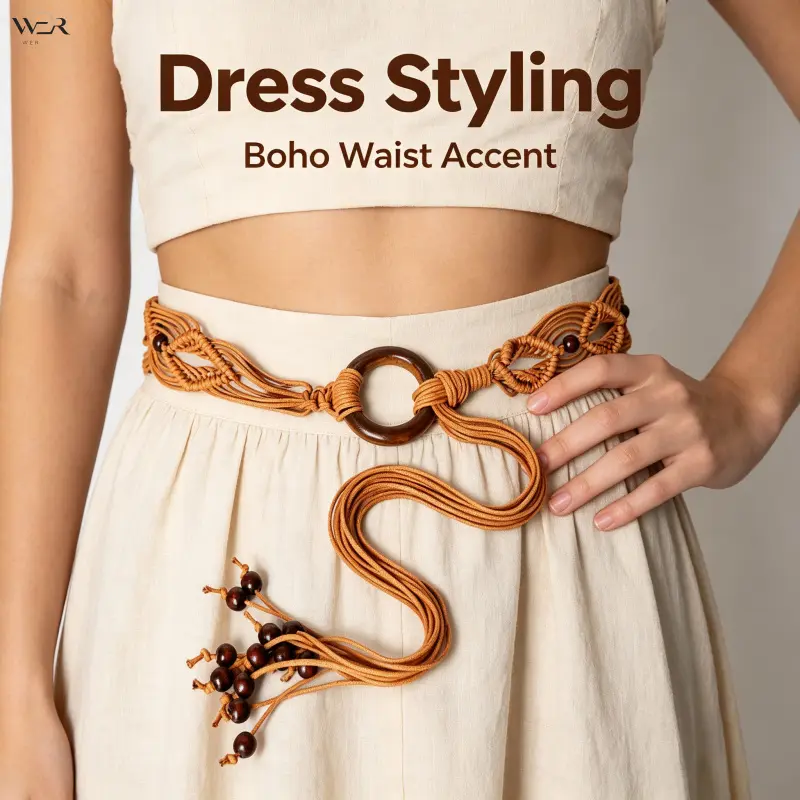 Women Bohemian Braided Waist Belt, Vintage Ethnic Style Knotted Wax Cord Strap with Brown Wooden Beads, Decor Waistband for Dresses