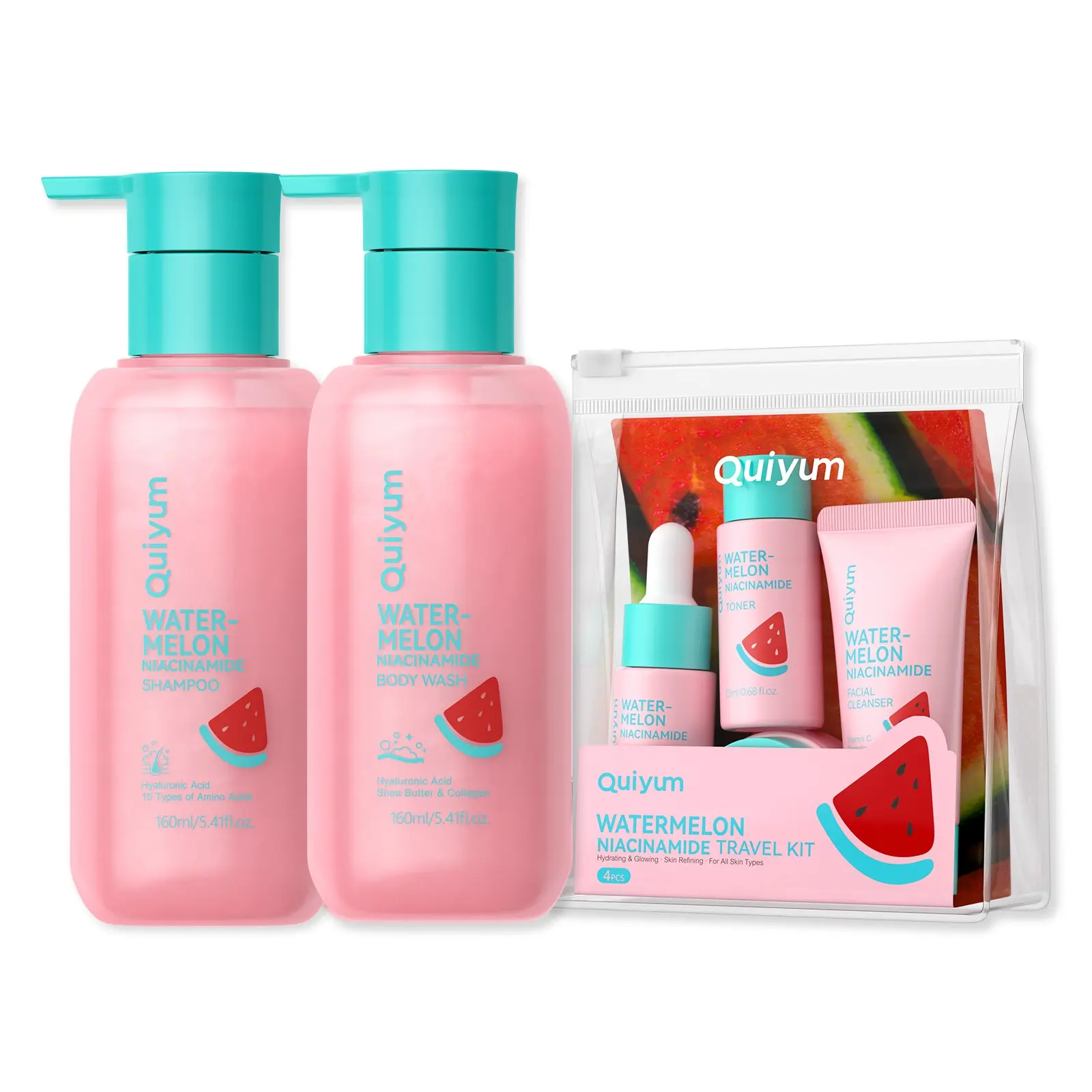 QUIYUM Watermelon Niacinamide Body Care & Skincare Bundle,  Includes Daily Body Wash, Hydrating Shampoo and 4-Pack Travel Size Toiletries Kit (Cleanser, Toner, Serum, Moisturizer) for Glowing Skin & Hair, TSA Approved Travel Size Gift Set