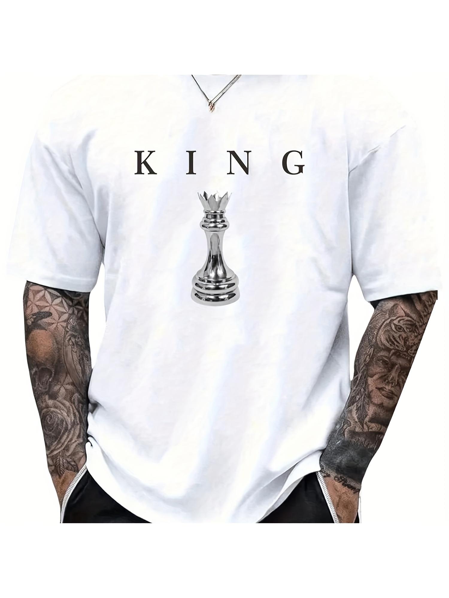 Men's casual round neck retro fashion comfortable loose single-sided printed T-shirt - Letter KING Men's black chess king pattern print |     Casual short-sleeved round neck T-shirt short-sleeved top