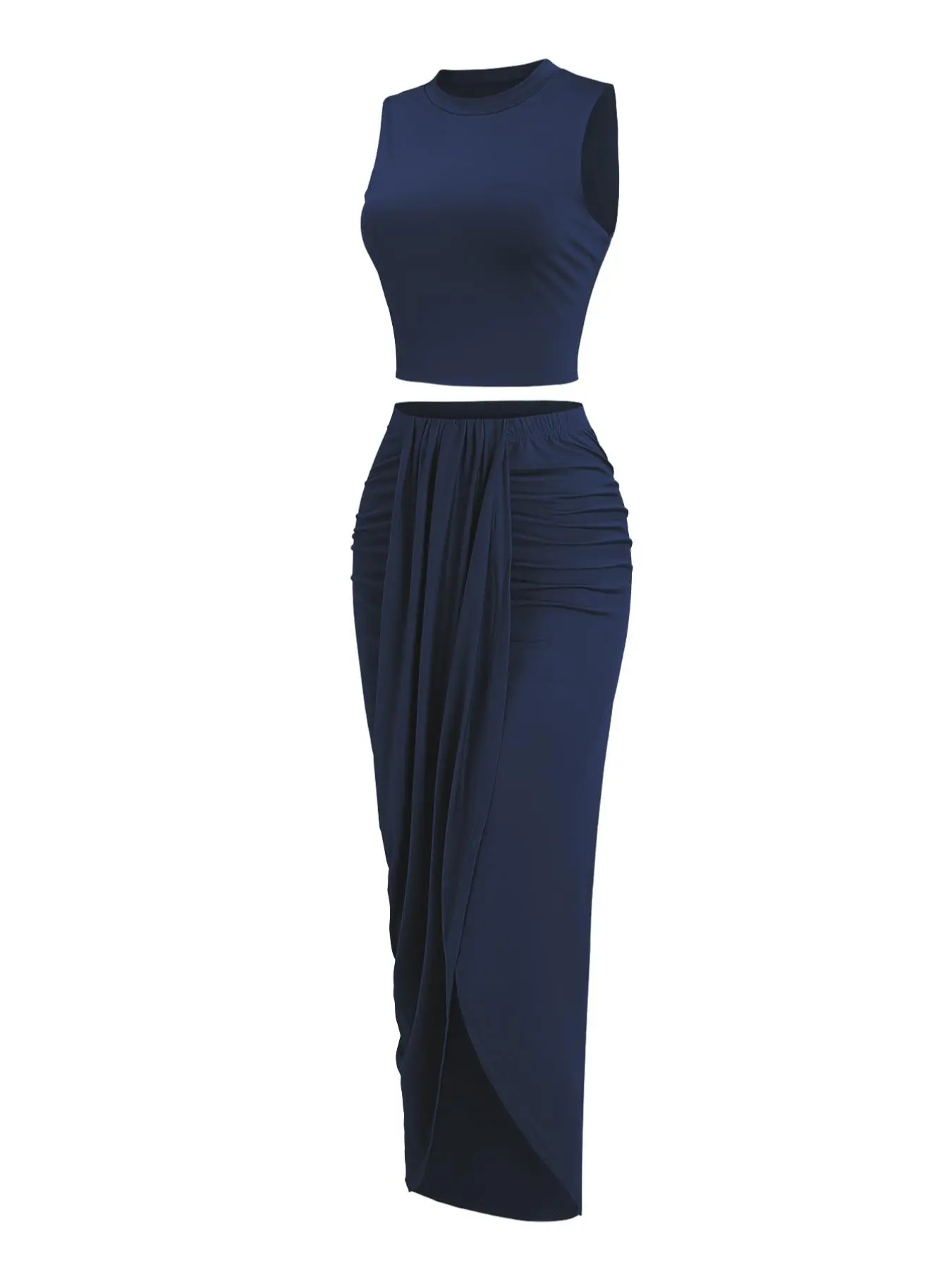 Women's Solid Crop Tank Top & Ruched Asymmetrical-Hem Split Skirt Set, Casual Mock-Neck Sleeveless Top & High-Waist Wrap Skirt, Cute Summer Outfit