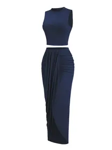 Women's Solid Crop Tank Top & Ruched Asymmetrical Hem Split Skirt Set, Casual Mock Neck Sleeveless Top & High Waist Wrap Skirt,, Cute Summer Outfit
