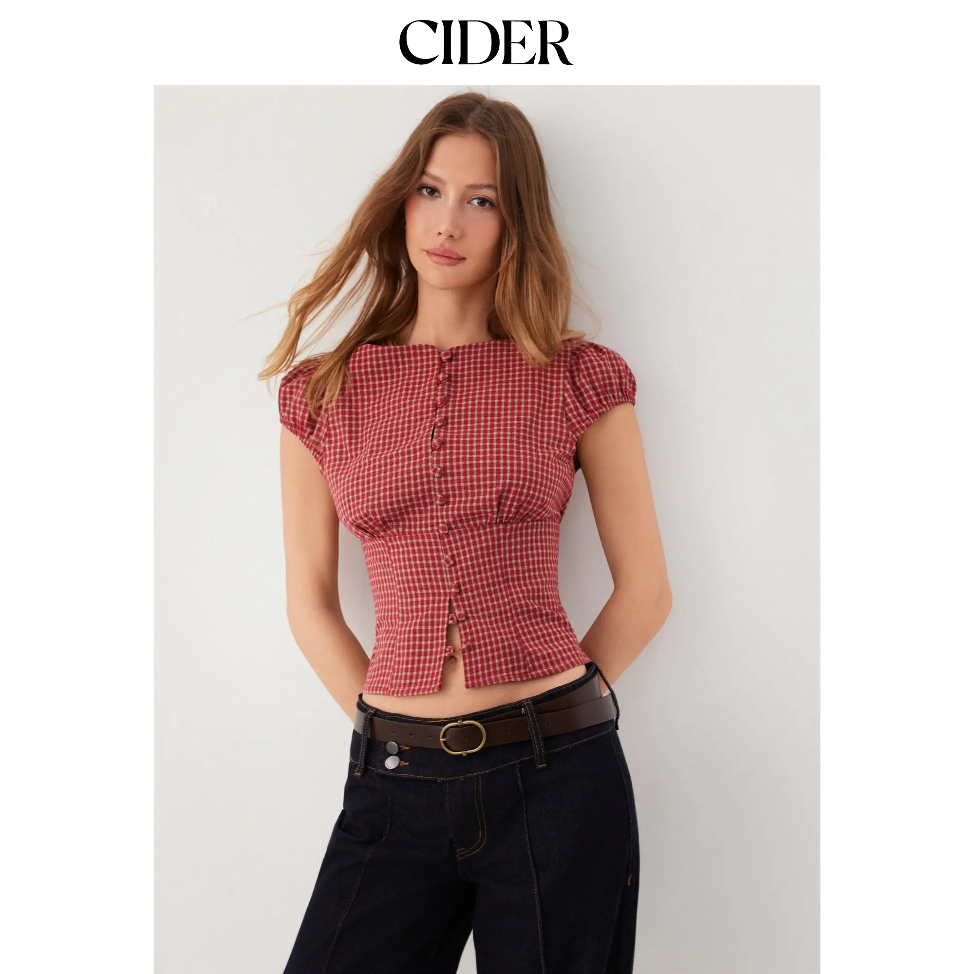 Cider Red Gingham Square Neck Puff Sleeve Blouse